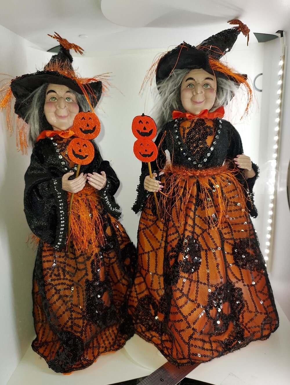 Set of 2 Halloween Witch Figurines w/ Pumpkin Black Orange Fabric Halloween